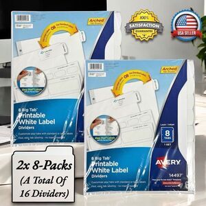 2x 8-PACKS Avery 14497 Big Tab Printable White Label 3-Ring Binder Dividers NEW